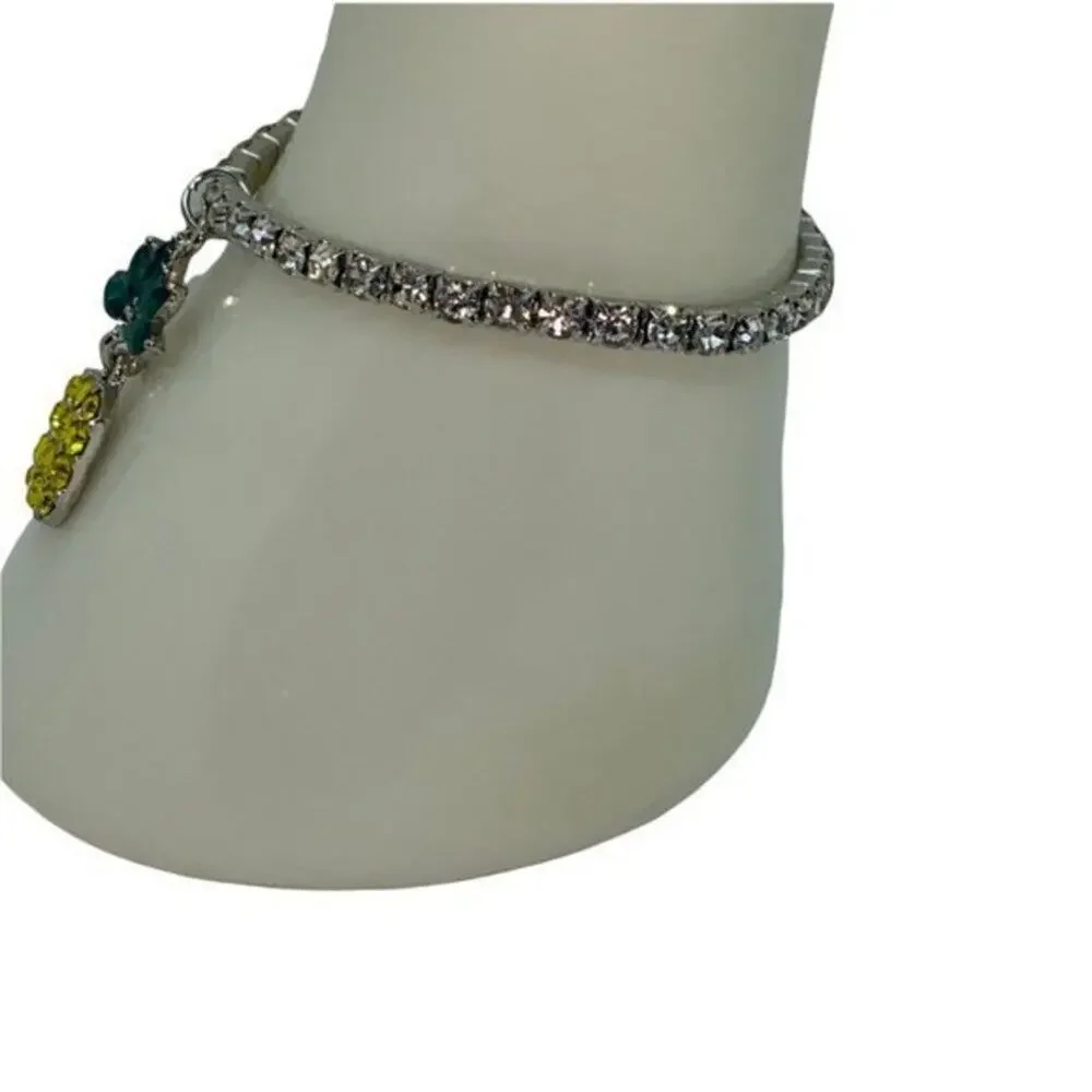 New NWT Silver-Tone Green Yellow Pineapple Rhinestone Beaded Stretch Bracelet